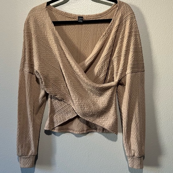SHEIN Tops - SHEIN- NEW Tan Neutral Cross Over Long Sleeve Blouse Top Size M
